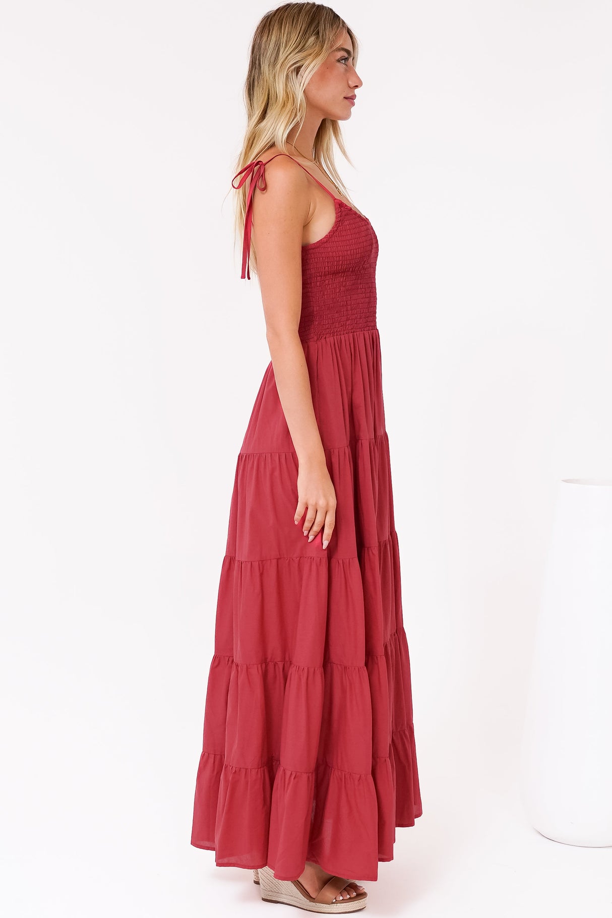 Nessa Maxi Dress - Tie Up Strap Tiered Sun Dress in Red