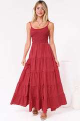 Nessa Maxi Dress - Tie Up Strap Tiered Sun Dress in Red