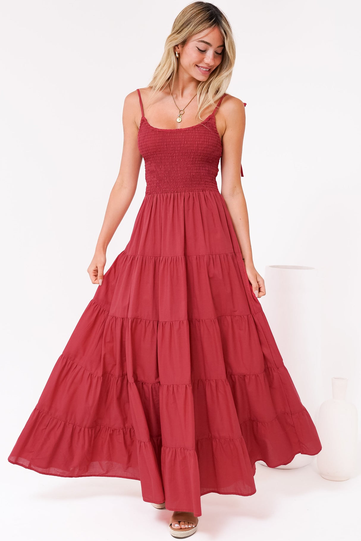 Nessa Maxi Dress - Tie Up Strap Tiered Sun Dress in Red