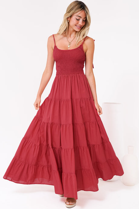 Nessa Maxi Dress - Tie Up Strap Tiered Sun Dress in Red