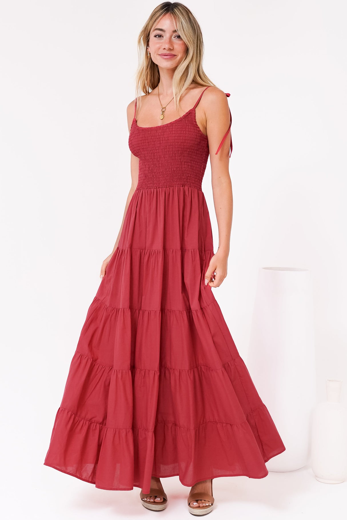 Nessa Maxi Dress - Tie Up Strap Tiered Sun Dress in Red