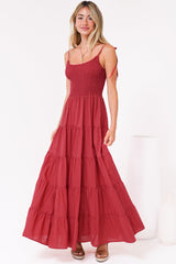 Nessa Maxi Dress - Tie Up Strap Tiered Sun Dress in Red