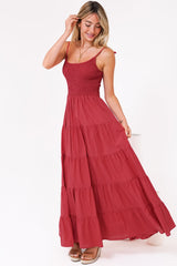 Nessa Maxi Dress - Tie Up Strap Tiered Sun Dress in Red