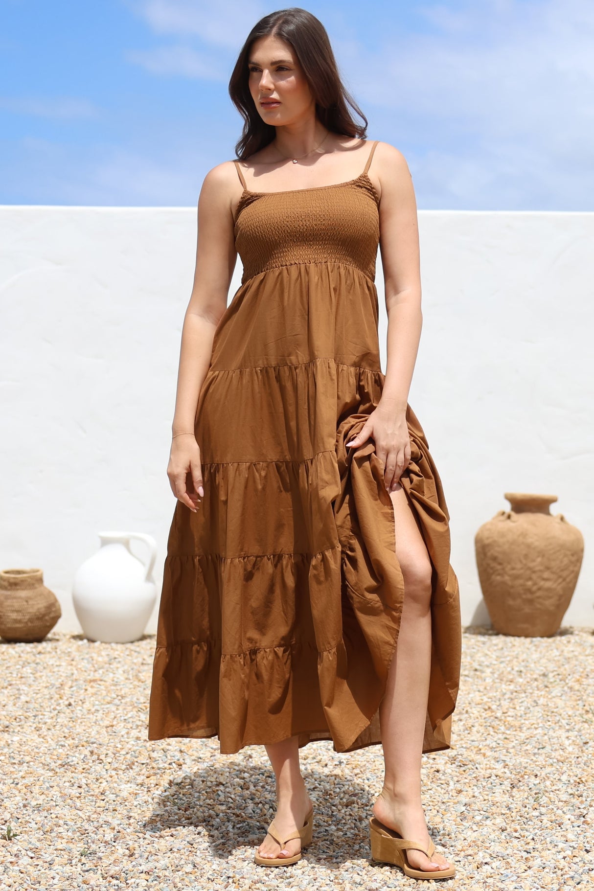Nessa Maxi Dress - Tie Up Strap Tiered Sun Dress in Tan