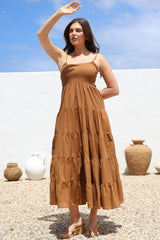 Nessa Maxi Dress - Tie Up Strap Tiered Sun Dress in Tan
