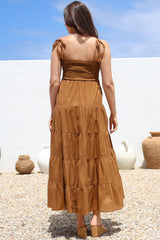 Nessa Maxi Dress - Tie Up Strap Tiered Sun Dress in Tan
