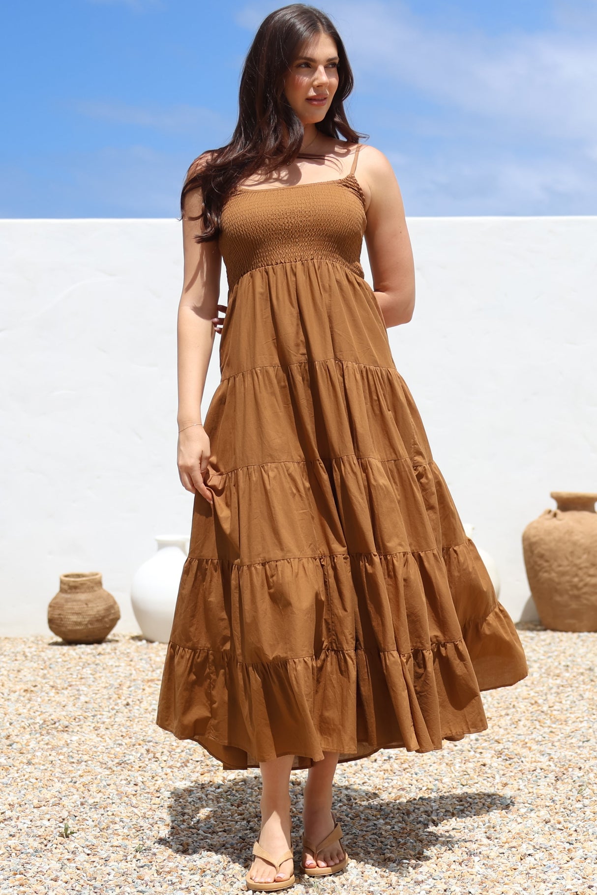 Nessa Maxi Dress - Tie Up Strap Tiered Sun Dress in Tan