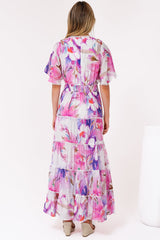 Nessie Maxi Dress - Lace Trim Tiered Dress with Flutter Sleeves in Calliope Print Pink