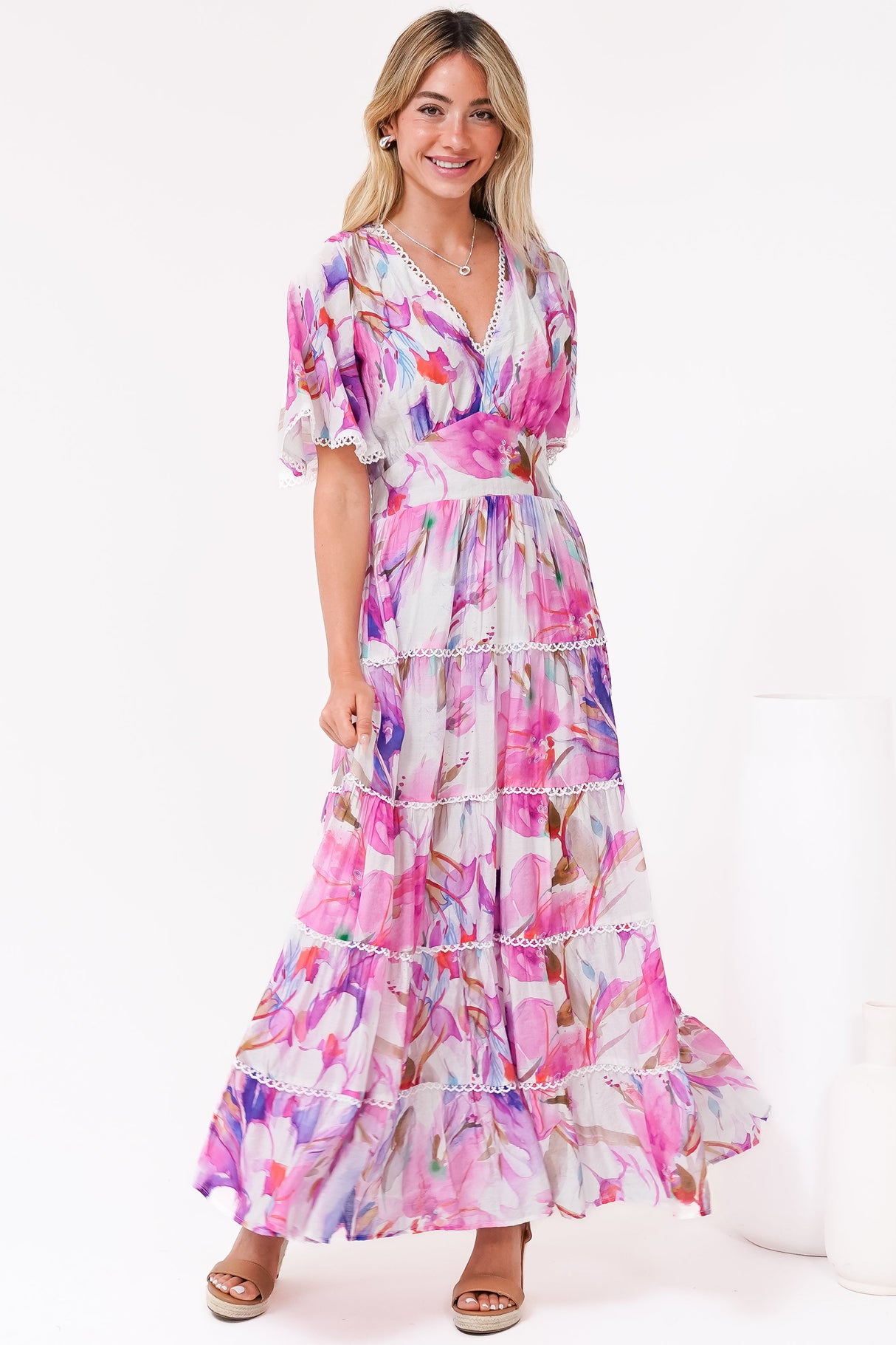 Nessie Maxi Dress - Lace Trim Tiered Dress with Flutter Sleeves in Calliope Print Pink