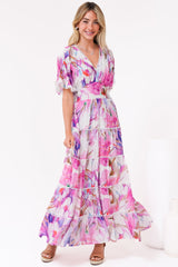 Nessie Maxi Dress - Lace Trim Tiered Dress with Flutter Sleeves in Calliope Print Pink