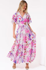 Nessie Maxi Dress - Lace Trim Tiered Dress with Flutter Sleeves in Calliope Print Pink