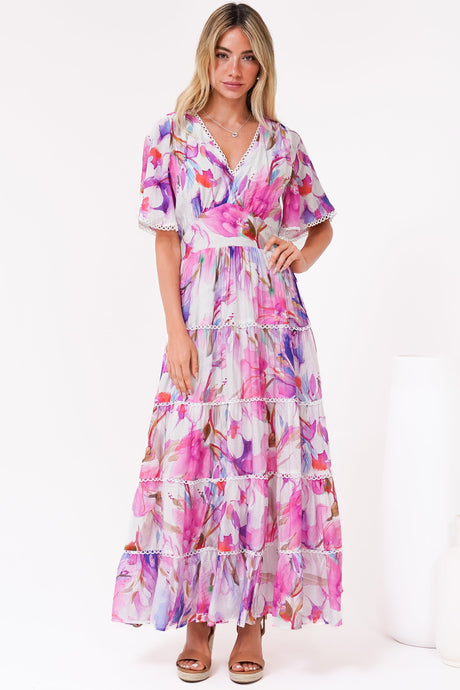 Nessie Maxi Dress - Lace Trim Tiered Dress with Flutter Sleeves in Calliope Print Pink