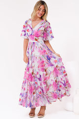 Nessie Maxi Dress - Lace Trim Tiered Dress with Flutter Sleeves in Calliope Print Pink