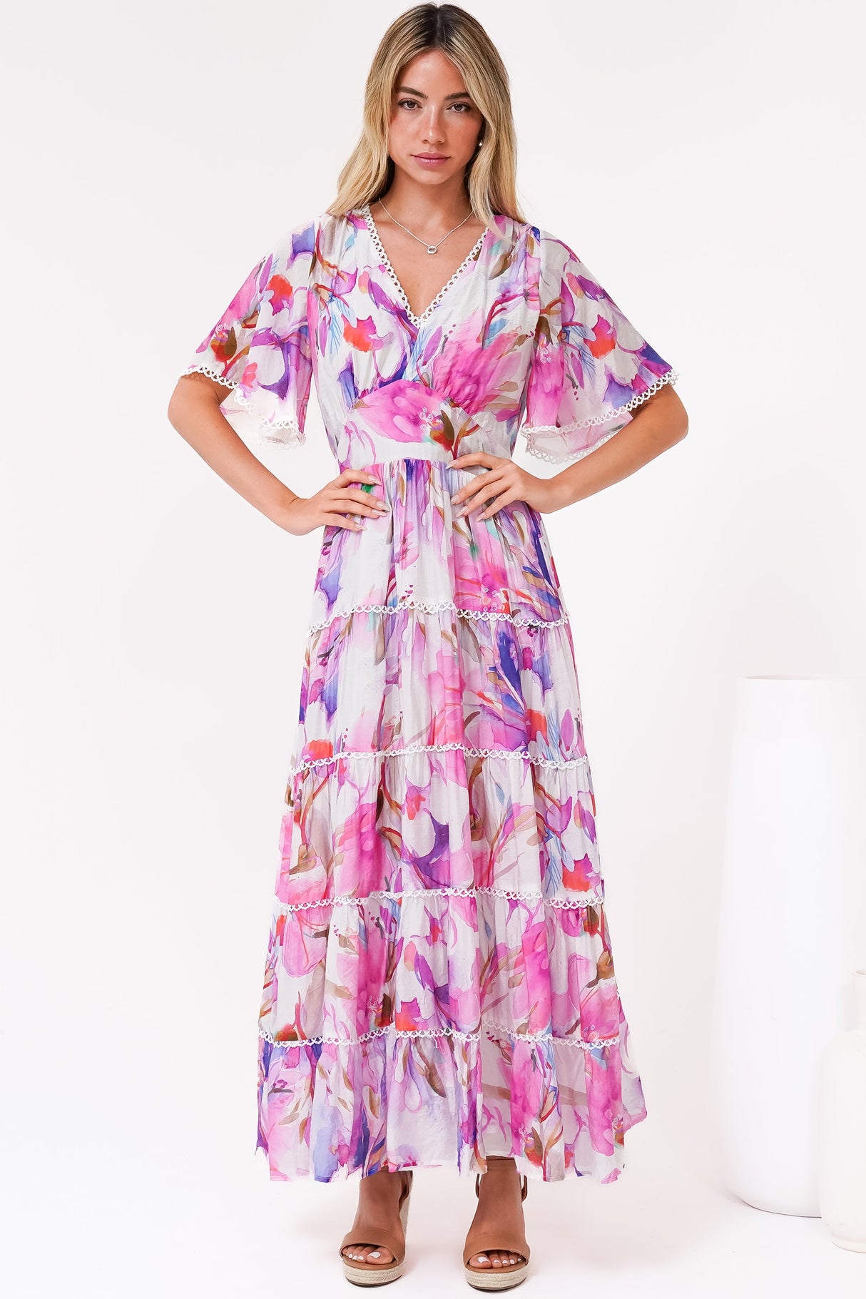 Nessie Maxi Dress - Lace Trim Tiered Dress with Flutter Sleeves in Calliope Print Pink