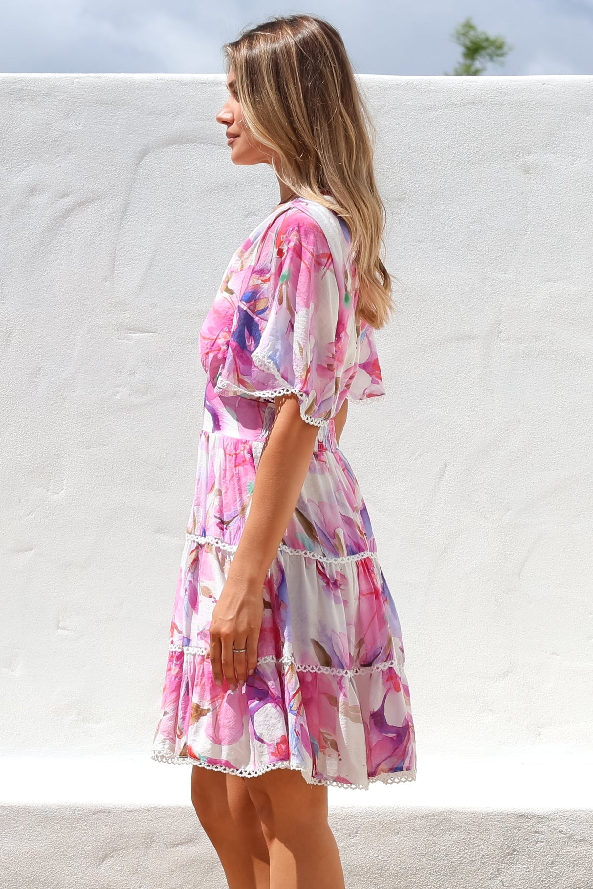 Nessie Mini Dress - Lace Trim Tiered Dress with Flutter Sleeves in Calliope Print Pink