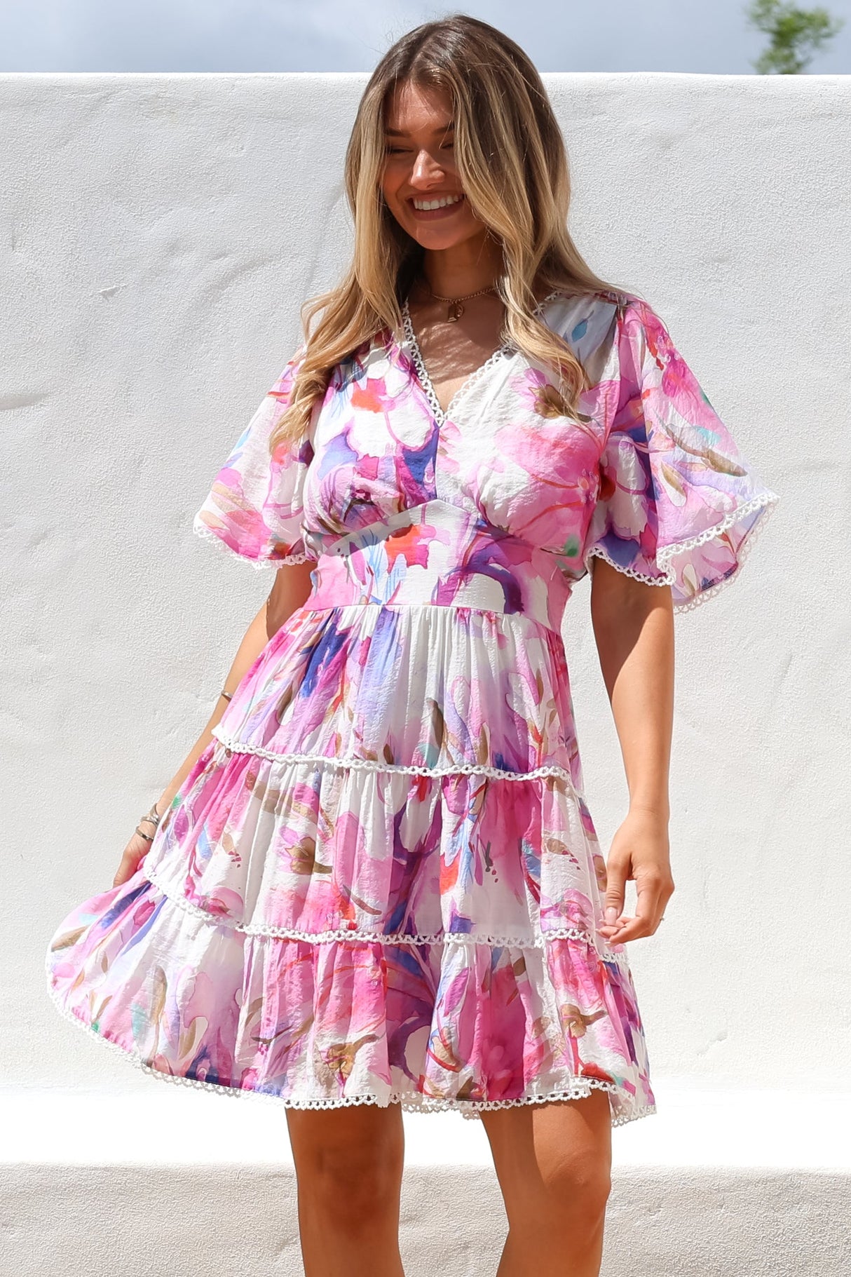 Nessie Mini Dress - Lace Trim Tiered Dress with Flutter Sleeves in Calliope Print Pink