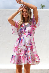 Nessie Mini Dress - Lace Trim Tiered Dress with Flutter Sleeves in Calliope Print Pink