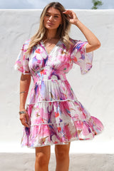 Nessie Mini Dress - Lace Trim Tiered Dress with Flutter Sleeves in Calliope Print Pink