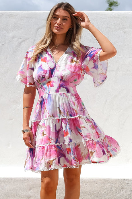 Nessie Mini Dress - Lace Trim Tiered Dress with Flutter Sleeves in Calliope Print Pink