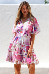 Nessie Mini Dress - Lace Trim Tiered Dress with Flutter Sleeves in Calliope Print Pink