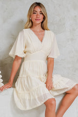 Nessie Mini Dress - Lace Trim Tiered Dress with Flutter Sleeves in Cream