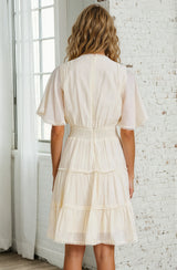 Nessie Mini Dress - Lace Trim Tiered Dress with Flutter Sleeves in Cream