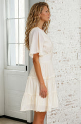 Nessie Mini Dress - Lace Trim Tiered Dress with Flutter Sleeves in Cream