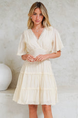 Nessie Mini Dress - Lace Trim Tiered Dress with Flutter Sleeves in Cream