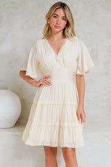 Nessie Mini Dress - Lace Trim Tiered Dress with Flutter Sleeves in Cream