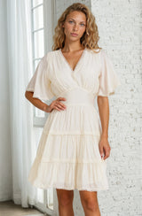 Nessie Mini Dress - Lace Trim Tiered Dress with Flutter Sleeves in Cream