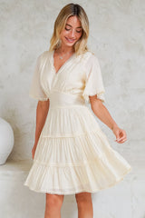 Nessie Mini Dress - Lace Trim Tiered Dress with Flutter Sleeves in Cream