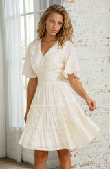 Nessie Mini Dress - Lace Trim Tiered Dress with Flutter Sleeves in Cream