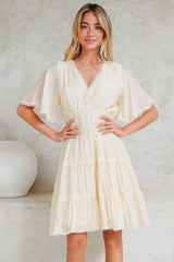 Nessie Mini Dress - Lace Trim Tiered Dress with Flutter Sleeves in Cream