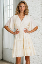 Nessie Mini Dress - Lace Trim Tiered Dress with Flutter Sleeves in Cream