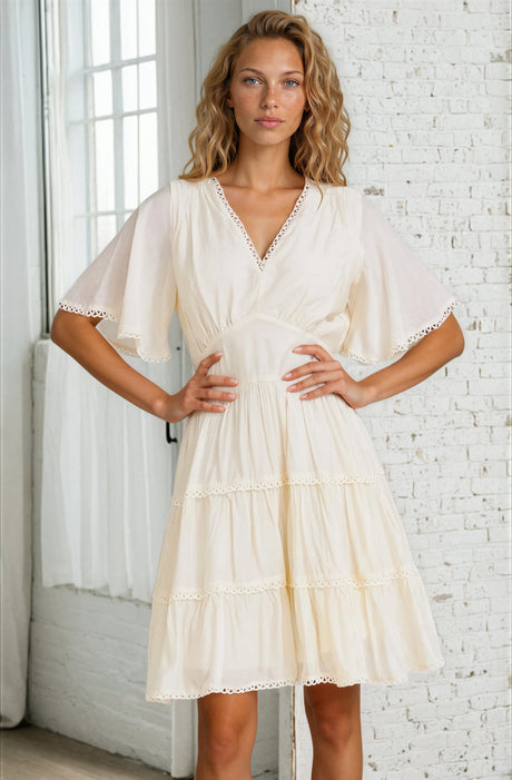 Nessie Mini Dress - Lace Trim Tiered Dress with Flutter Sleeves in Cream