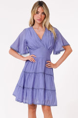 Nessie Mini Dress - Lace Trim Tiered Dress with Flutter Sleeves in Lilac