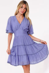 Nessie Mini Dress - Lace Trim Tiered Dress with Flutter Sleeves in Lilac
