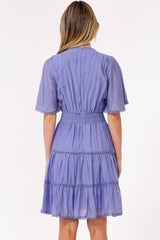Nessie Mini Dress - Lace Trim Tiered Dress with Flutter Sleeves in Lilac