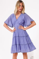 Nessie Mini Dress - Lace Trim Tiered Dress with Flutter Sleeves in Lilac
