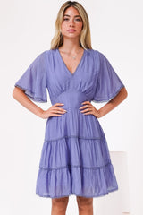 Nessie Mini Dress - Lace Trim Tiered Dress with Flutter Sleeves in Lilac