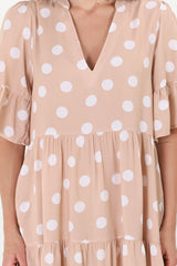 Netty Mini Dress - Mandarin Collar Smock Dress with Frill Hem Sleeves in Mahony Print Beige