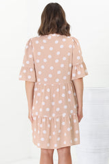 Netty Mini Dress - Mandarin Collar Smock Dress with Frill Hem Sleeves in Mahony Print Beige