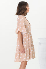 Netty Mini Dress - Mandarin Collar Smock Dress with Frill Hem Sleeves in Mahony Print Beige