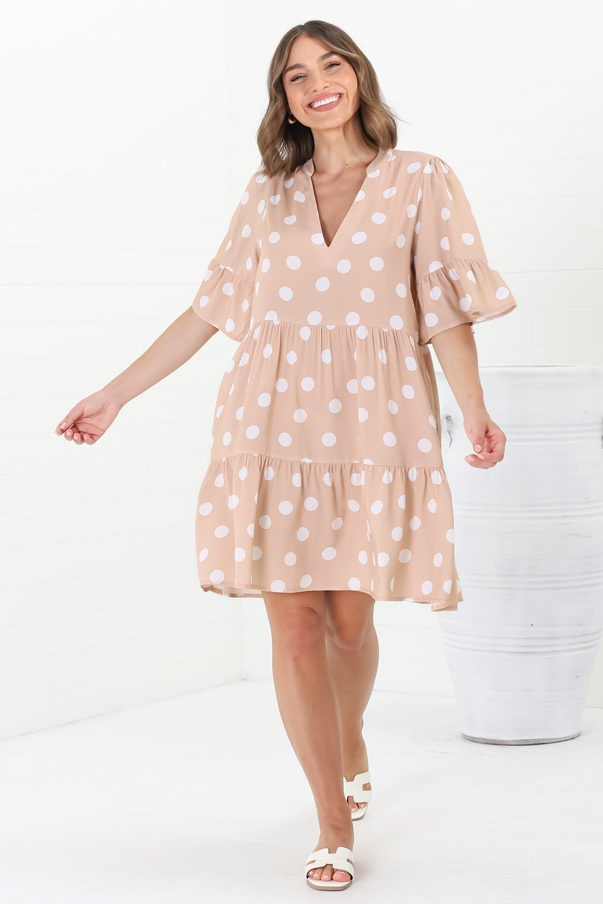 Netty Mini Dress - Mandarin Collar Smock Dress with Frill Hem Sleeves in Mahony Print Beige