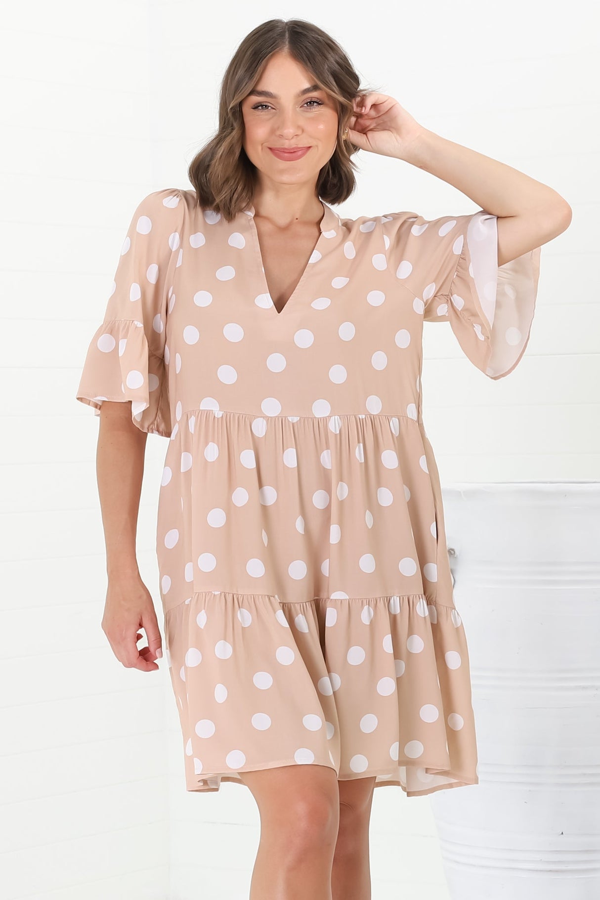 Netty Mini Dress - Mandarin Collar Smock Dress with Frill Hem Sleeves in Mahony Print Beige