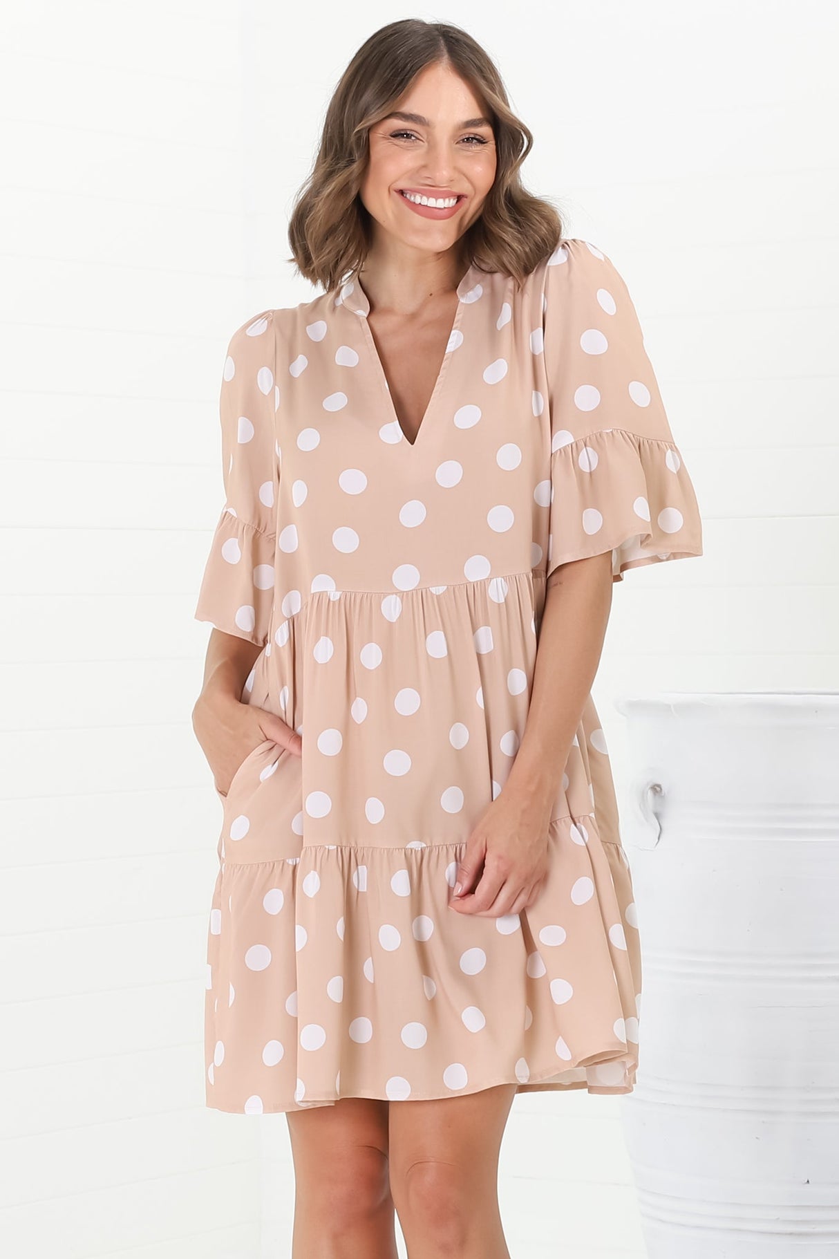 Netty Mini Dress - Mandarin Collar Smock Dress with Frill Hem Sleeves in Mahony Print Beige