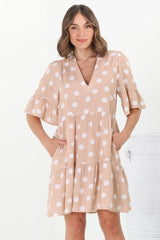 Netty Mini Dress - Mandarin Collar Smock Dress with Frill Hem Sleeves in Mahony Print Beige