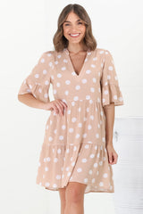 Netty Mini Dress - Mandarin Collar Smock Dress with Frill Hem Sleeves in Mahony Print Beige