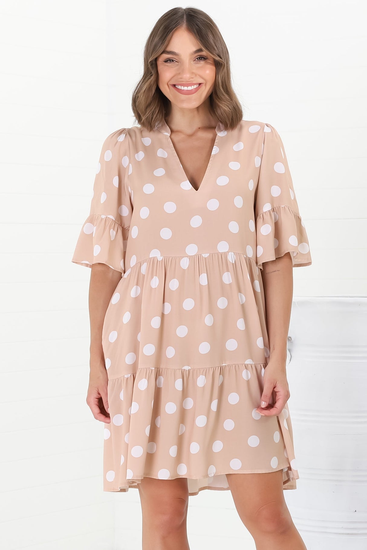 Netty Mini Dress - Mandarin Collar Smock Dress with Frill Hem Sleeves in Mahony Print Beige