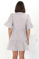 Netty Mini Dress - Mandarin Collar Smock Dress with Frill Hem Sleeves in Noah Print Tan